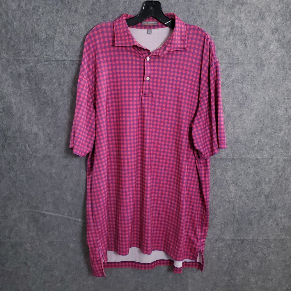 Peter Millar Polo Shirt Mens Large Pink Purple Check Stretch Performance Golf